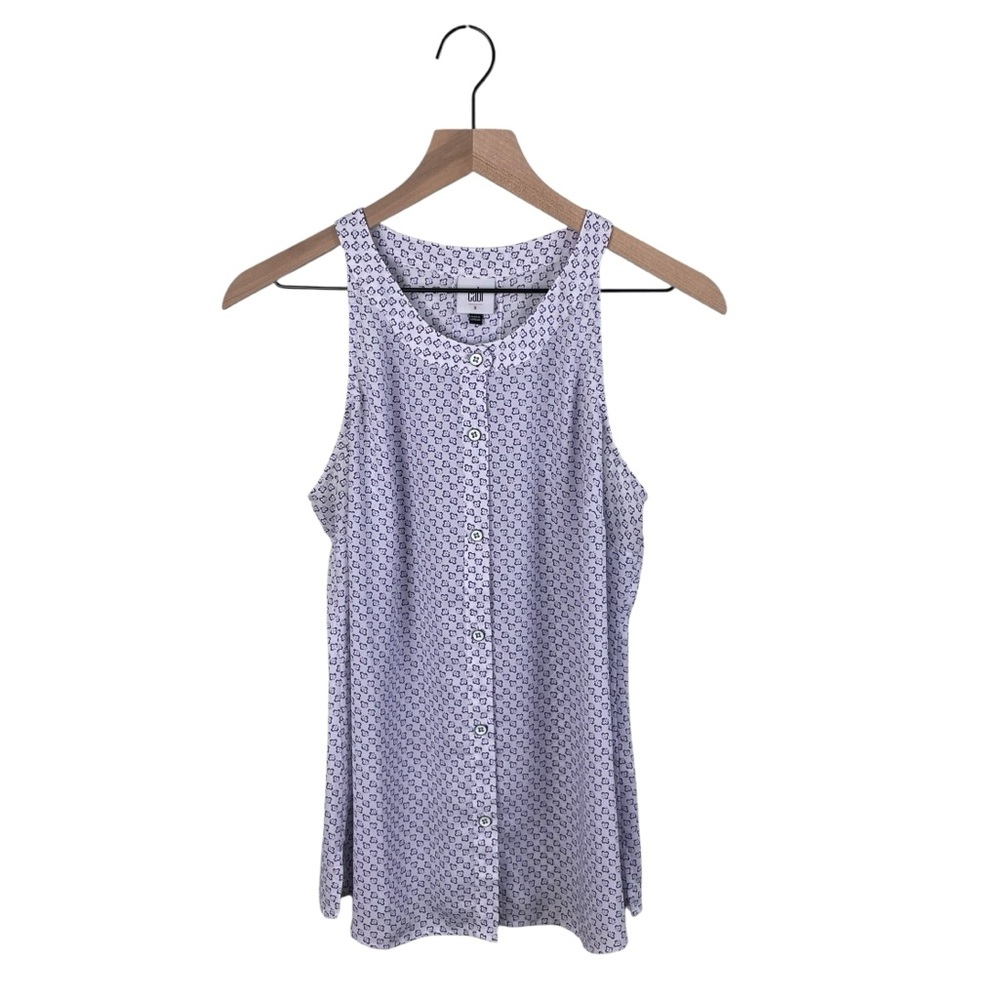CAbi Priscilla Top #5905 Women's Size Small White Purple Floral Print Business